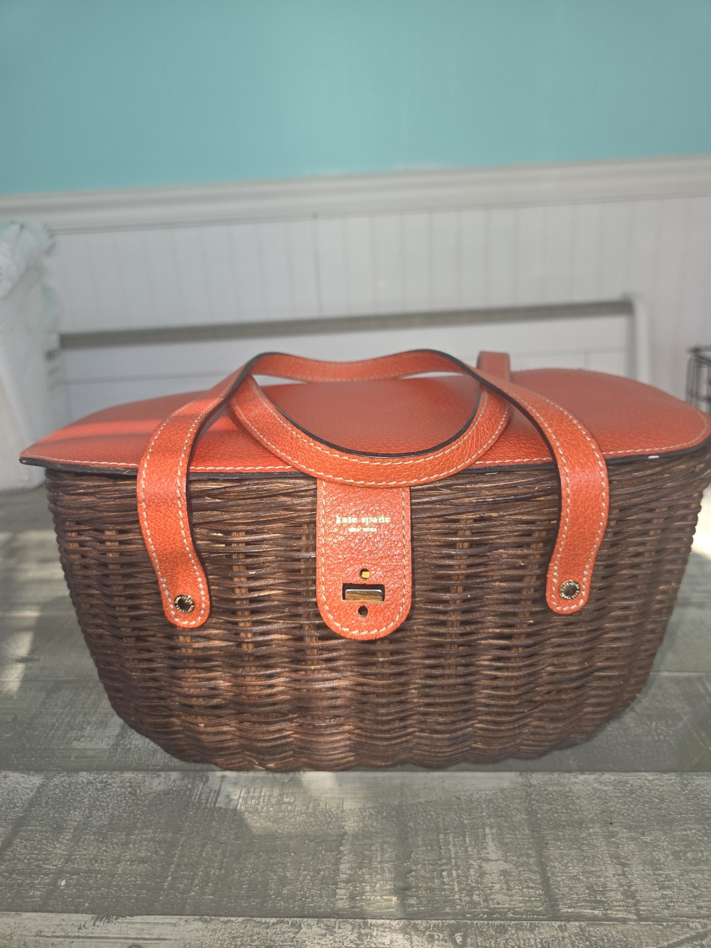 RARE Kate Spade Brown Wicker HENLEY with Orange Leather Trim
